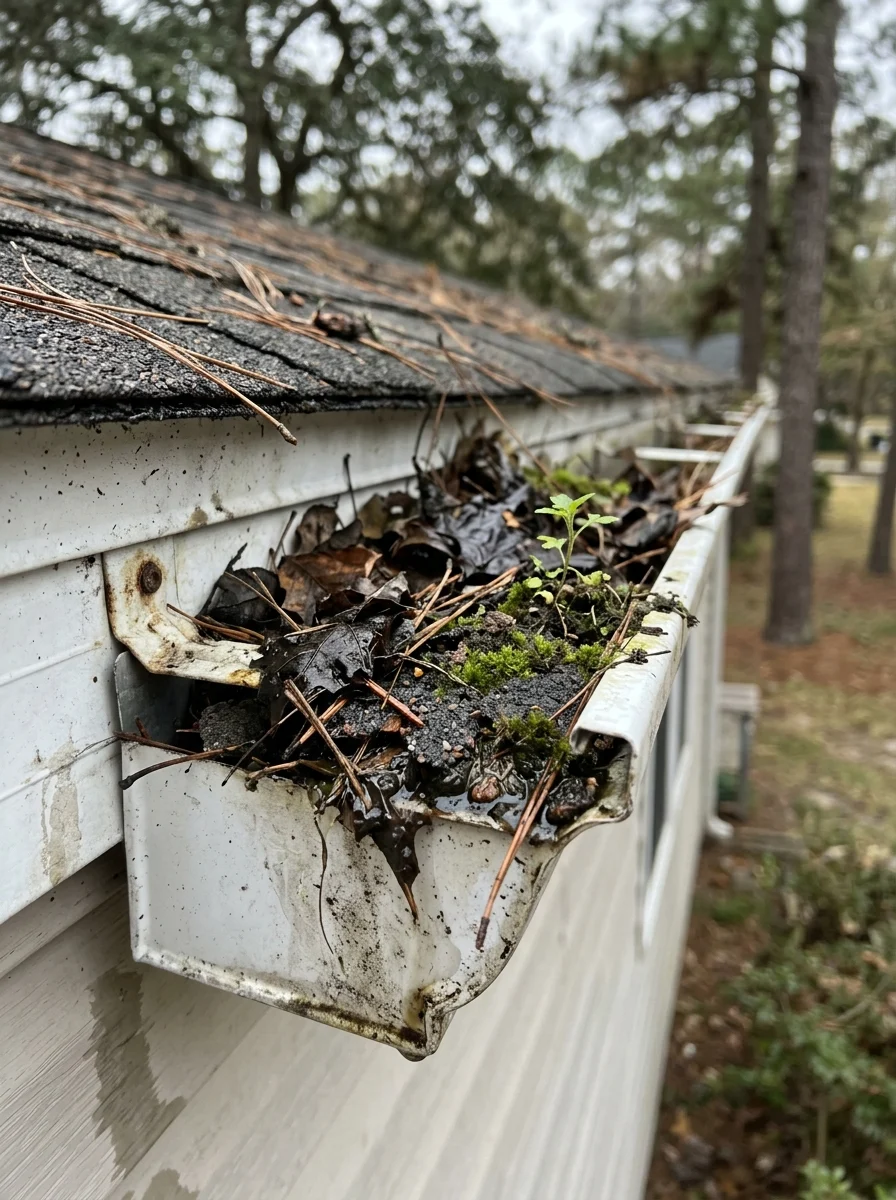 Clogged gutter overflowing with leaves and debris in Suffolk County