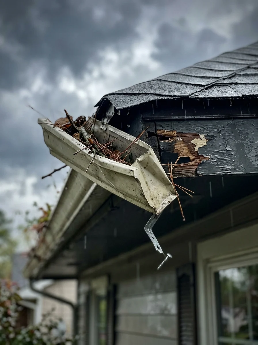 Storm-damaged gutter needing emergency repair in Suffolk County, NY