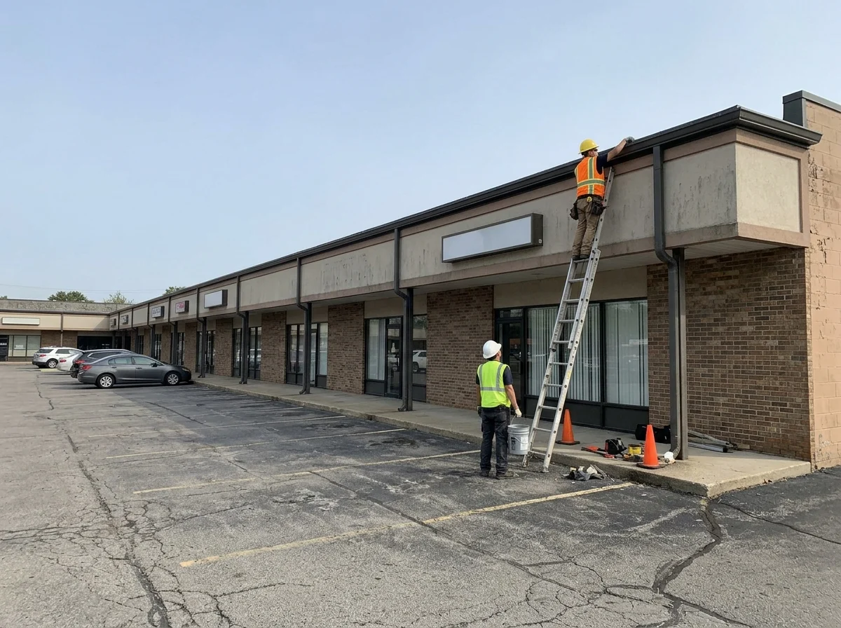 Commercial gutter cleaning on a large building in Suffolk County