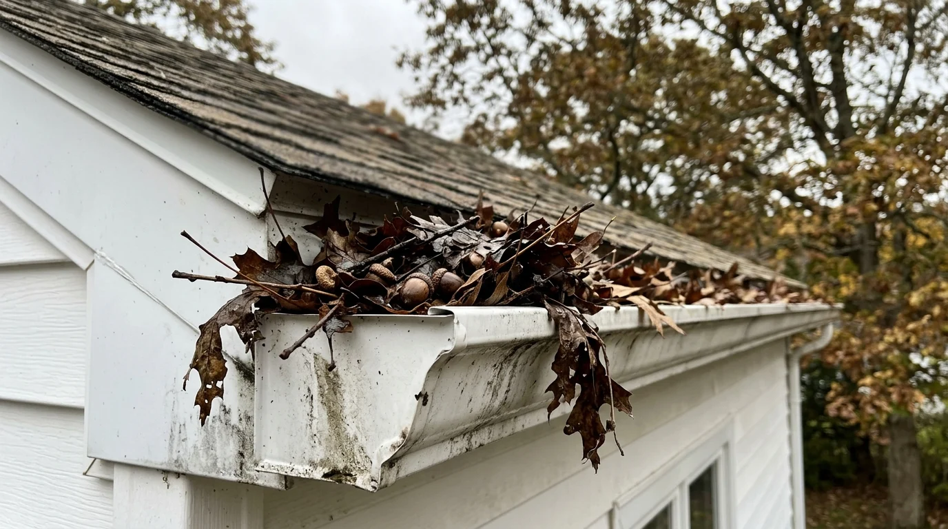Gutter packed with wet oak leaves before maintenance