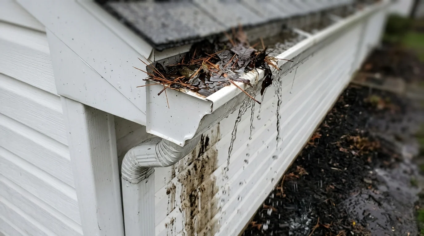 Blocked downspout with water overflowing the gutter before maintenance