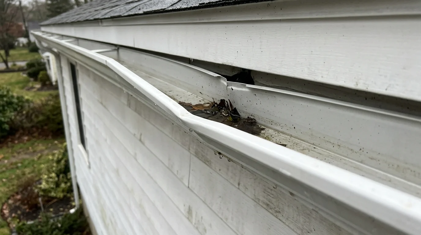 Sagging gutter with standing water before maintenance