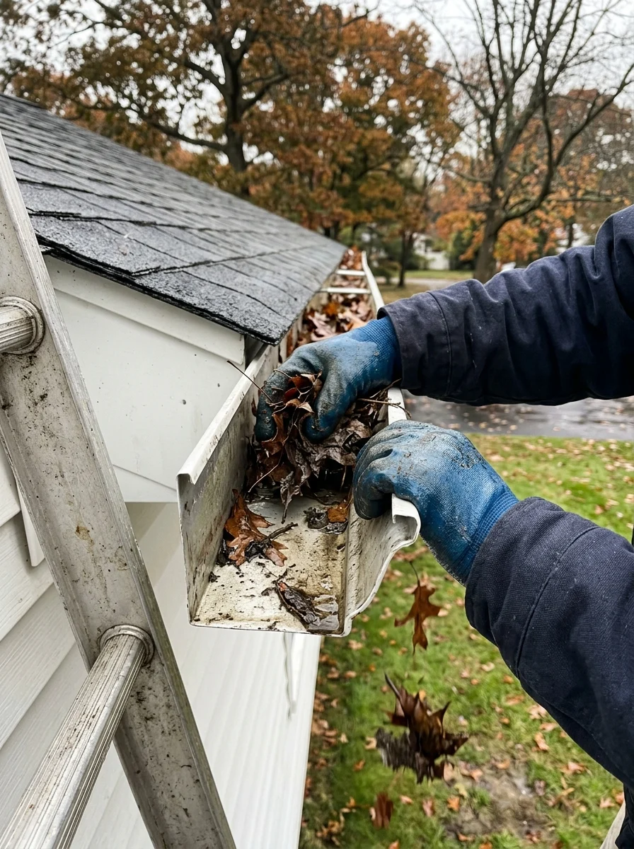 Gutters on a Suffolk County home handling heavy rain and seasonal leaf fall