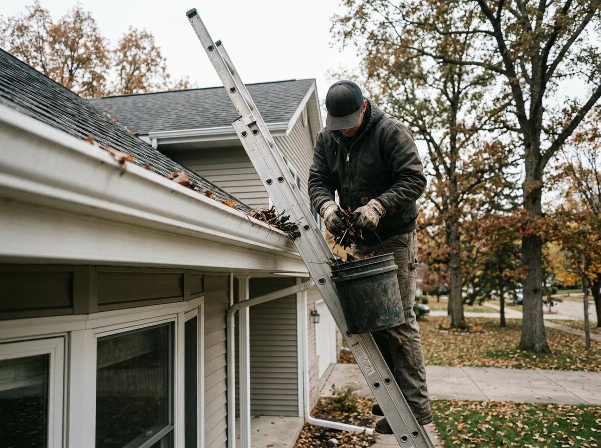 Residential gutter cleaning on a home with mature trees in Suffolk County